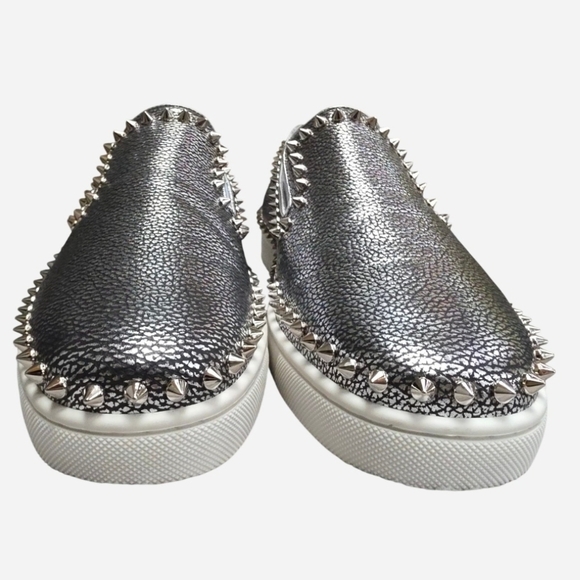 Christian Louboutin Pik Boat Metallic Silver Leather Spiked Slip On Sneakers 40 - Picture 10 of 13